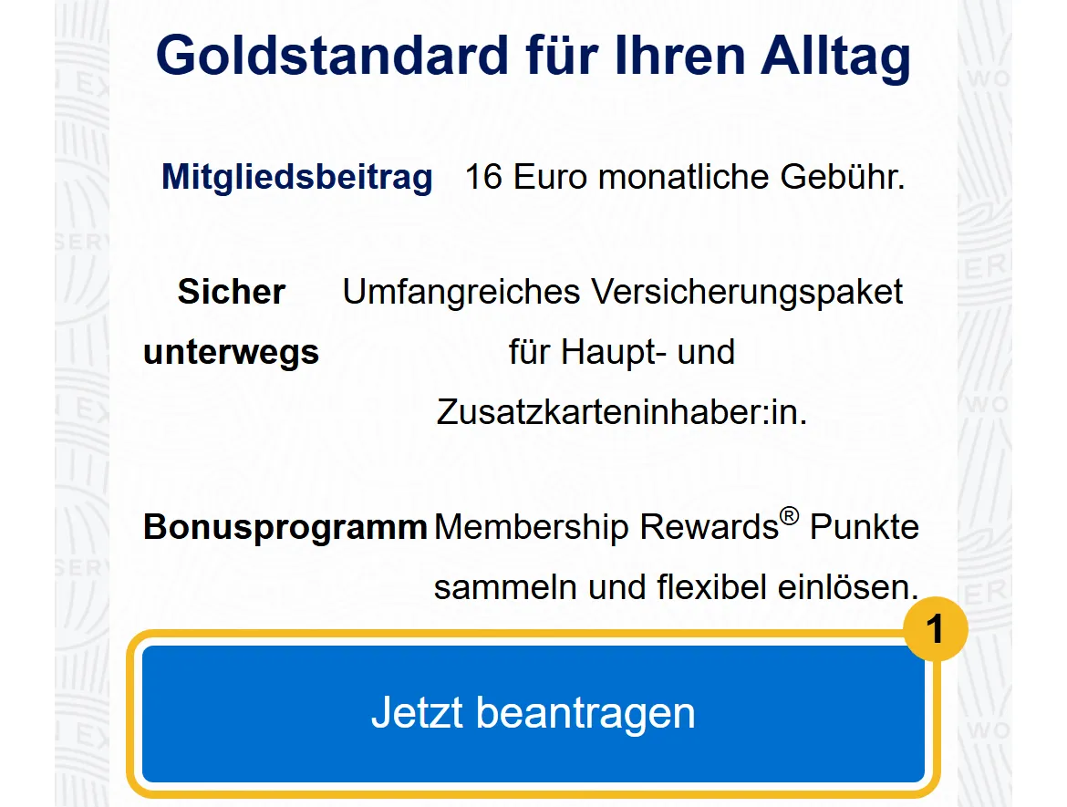 American Express Gold Card am Handy: 16 Euro monatliche Gebühr und Knopf Jetzt beantragen