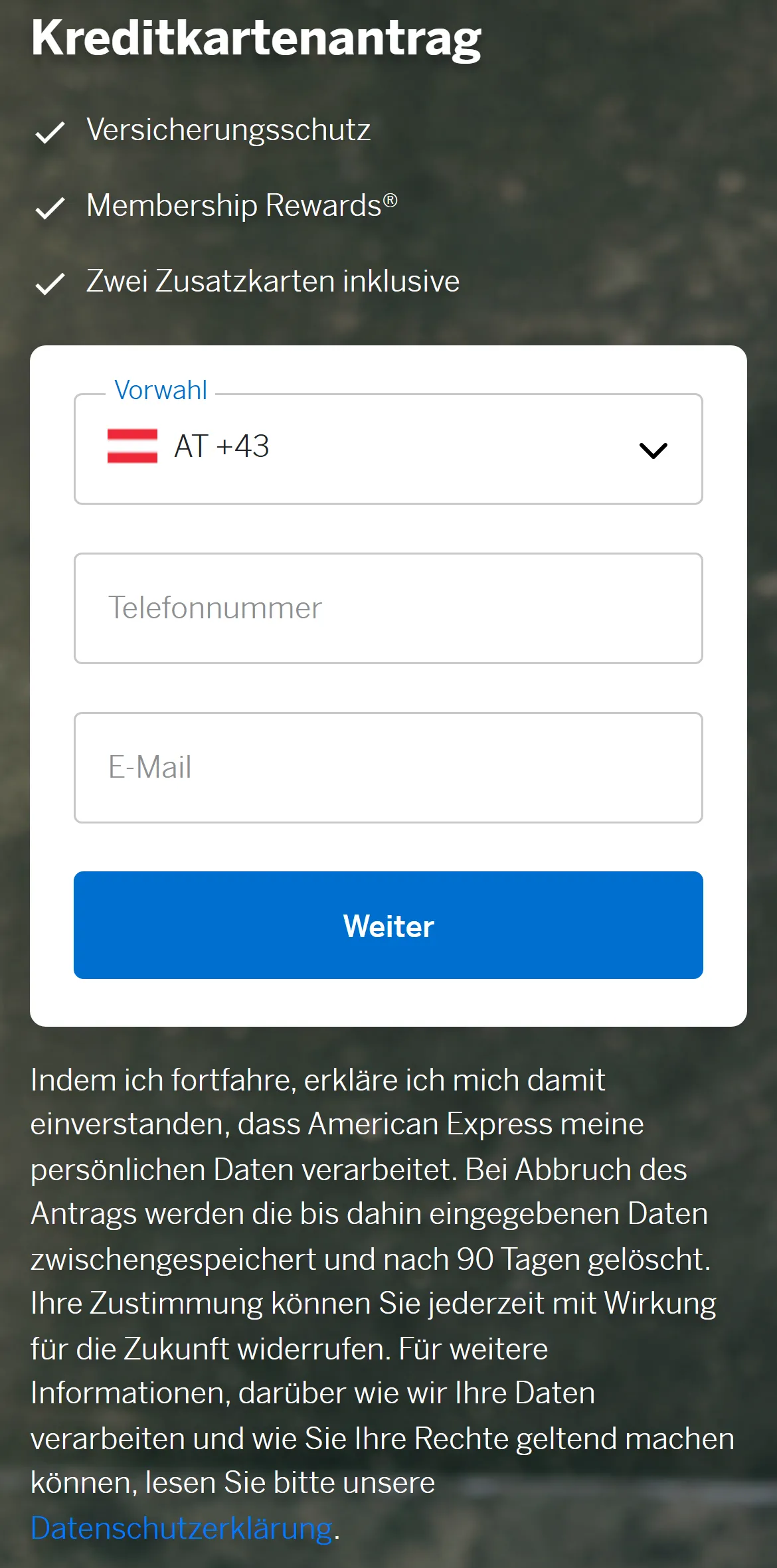 American Express Kreditkartenantrag am Handy: Vorwahl, Telefonnummer, E-Mail und Knopf Weiter