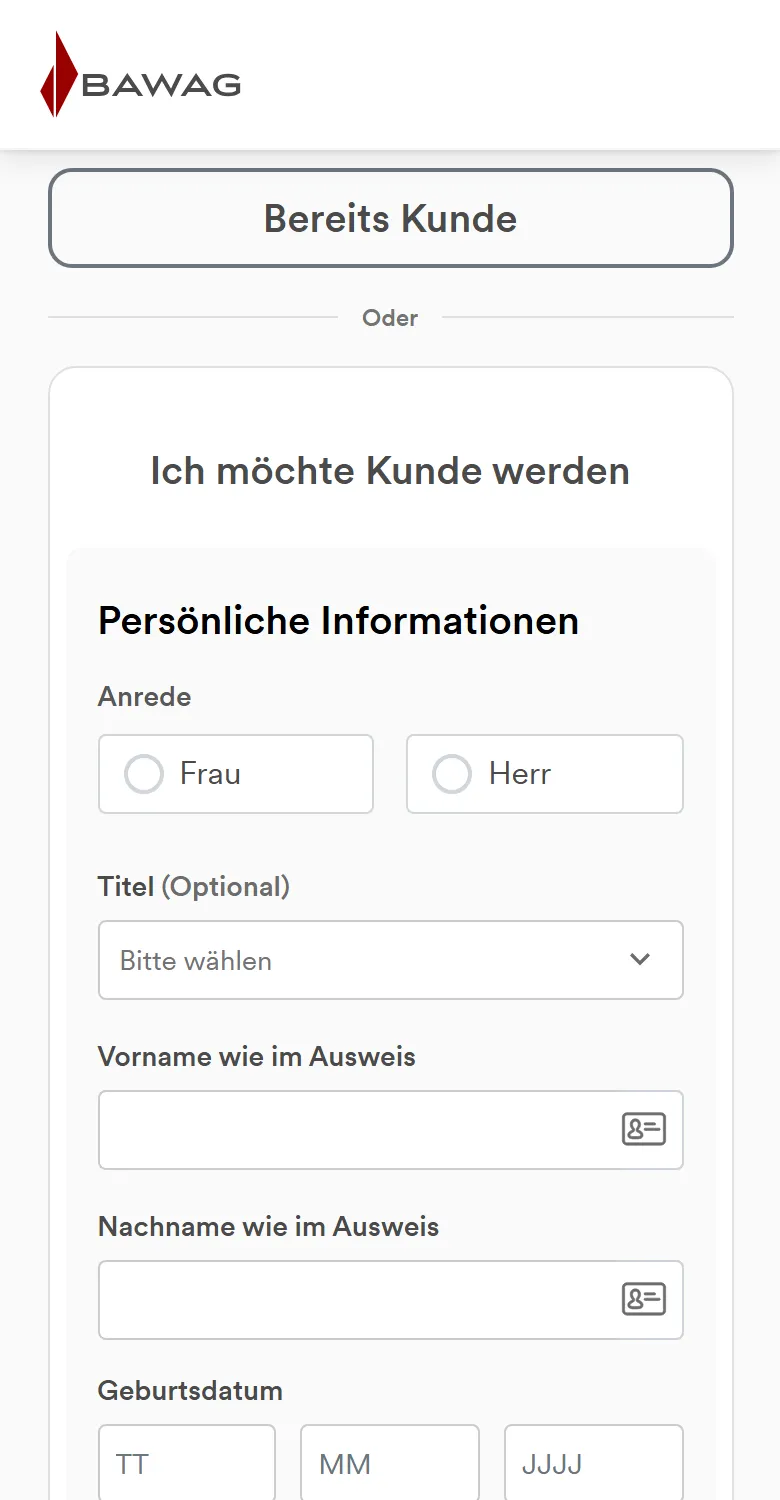 BAWAG Antrag am Handy: Persönliche Informationen