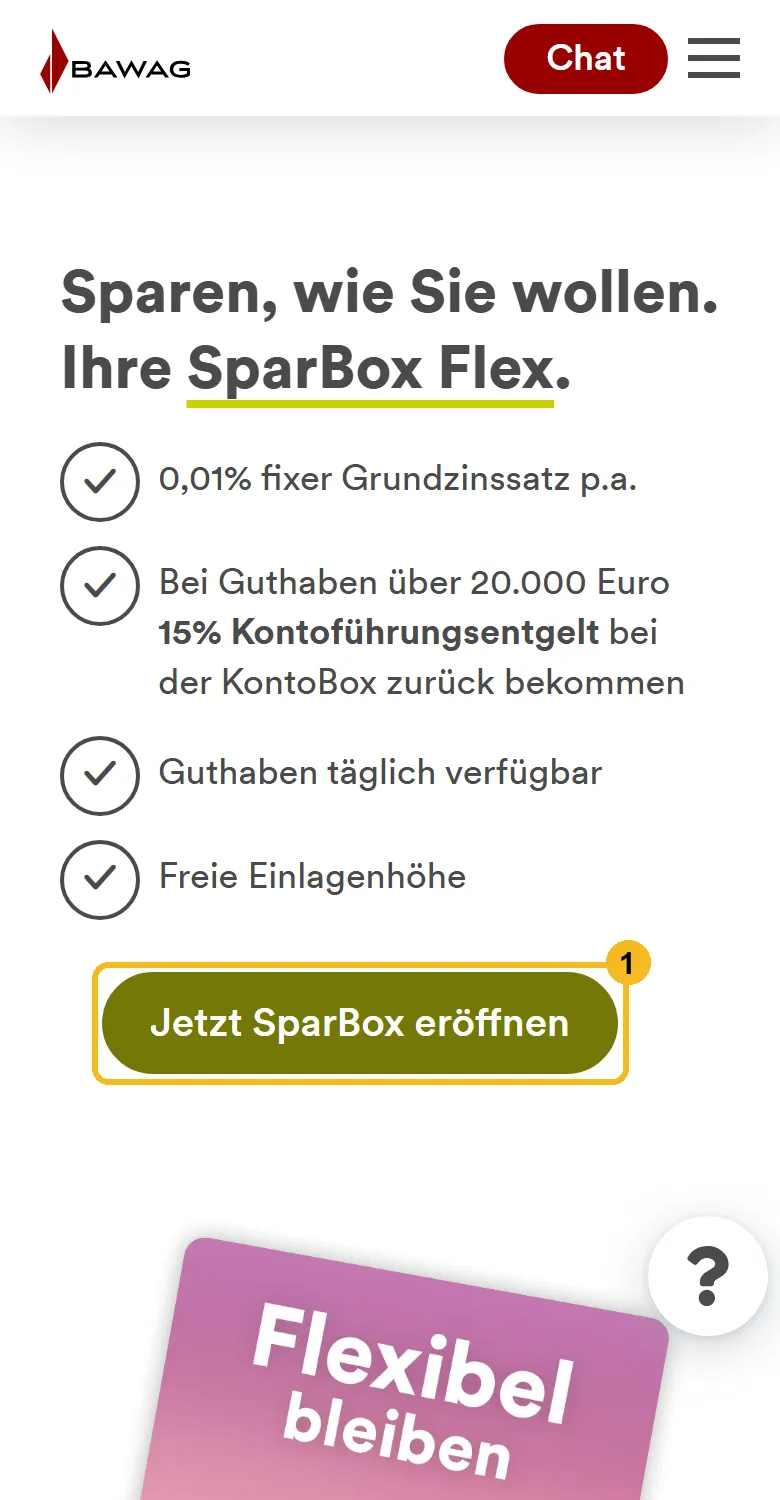BAWAG SparBox Flex am Handy: Knopf Jetzt SparBox eröffnen