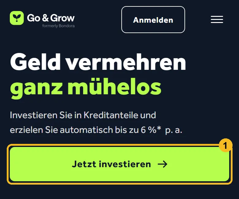 Startseite von goandgrow.eu am Handy mit markiertem Knopf Jetzt investieren