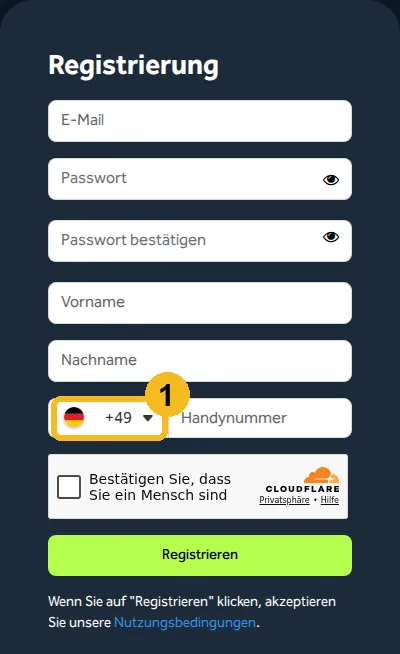 Registrierungsformular von Go & Grow: Felder für E-Mail, Passwort, Vorname, Nachname und Handynummer, die Ländervorwahl +49 ist markiert