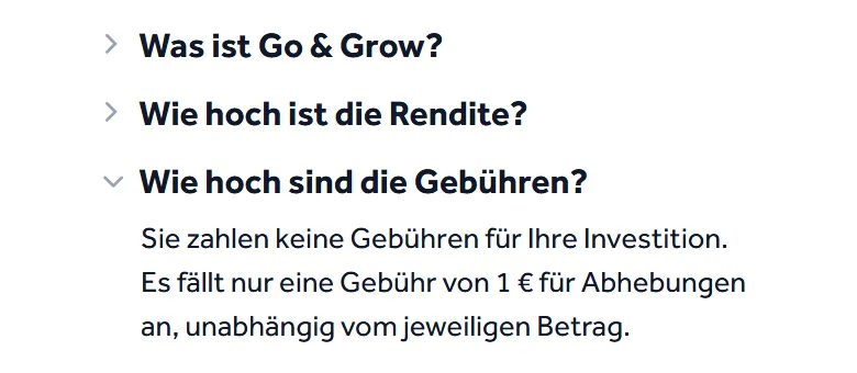 Fragen und Antworten auf goandgrow.eu am Handy: Sie zahlen keine Gebühren für Ihre Investition, es fällt nur eine Gebühr von 1 Euro für Abhebungen an