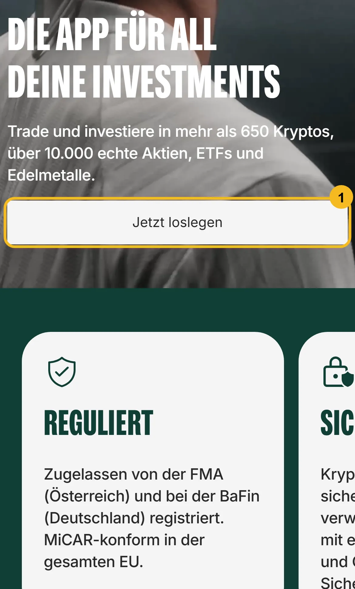 bitpanda.com am Handy: Startseite mit der Überschrift „Die App für all deine Investments”, dem markierten Knopf „Jetzt loslegen” und dem Hinweis auf die Zulassung durch die FMA