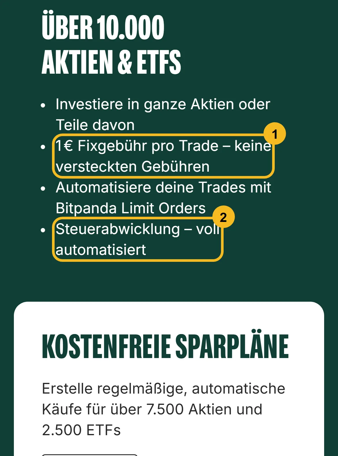 bitpanda.com am Handy: Seite „Aktien & ETFs” mit über 10.000 Aktien und ETFs, markiert sind „1 Euro Fixgebühr pro Trade” und „Steuerabwicklung – voll automatisiert”, darunter „Kostenfreie Sparpläne” für über 7.500 Aktien und 2.500 ETFs