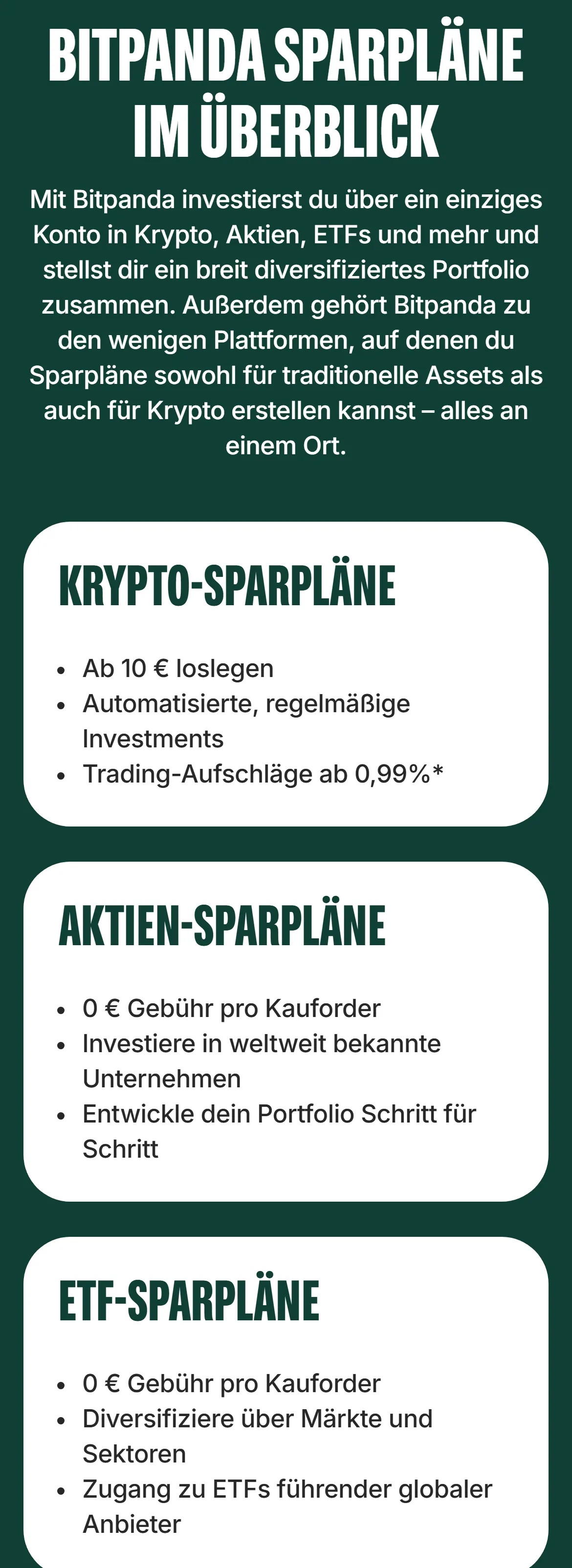 bitpanda.com am Handy: Übersicht der Sparpläne mit Krypto-Sparplänen ab 10 Euro und Aufschlägen ab 0,99 %, Aktien-Sparplänen und ETF-Sparplänen mit je 0 Euro Gebühr pro Kauforder