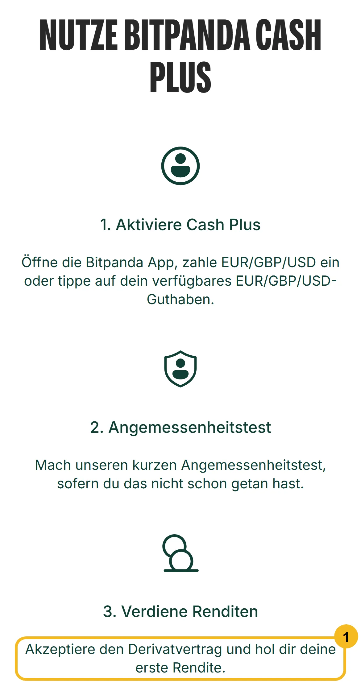 bitpanda.com am Handy: Drei Schritte zu Cash Plus, Aktivieren in der App, Angemessenheitstest und, markiert, „Akzeptiere den Derivatvertrag und hol dir deine erste Rendite”