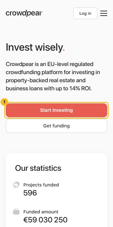 Startseite von Crowdpear am Handy mit markiertem Knopf Start investing, darunter die Kennzahlen 596 finanzierte Projekte und 59 Millionen Euro