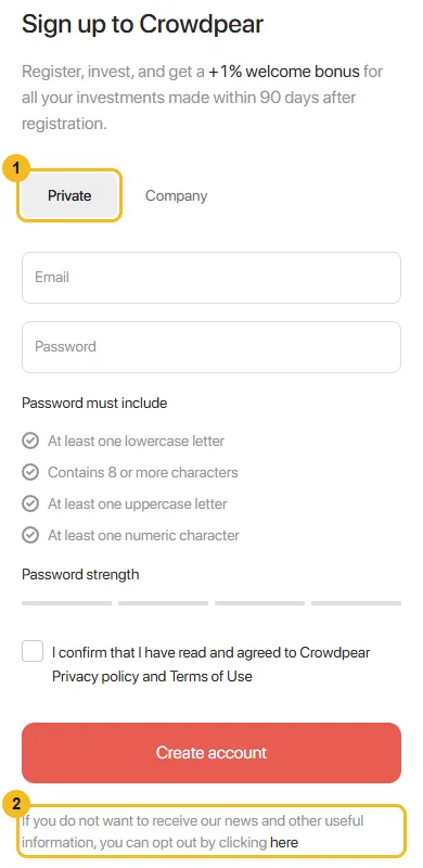 Registrierungsformular von Crowdpear am Handy: Reiter Private markiert, Felder für E-Mail und Passwort, Häkchen für Datenschutz und Nutzungsbedingungen, unten der markierte Hinweis zum Newsletter