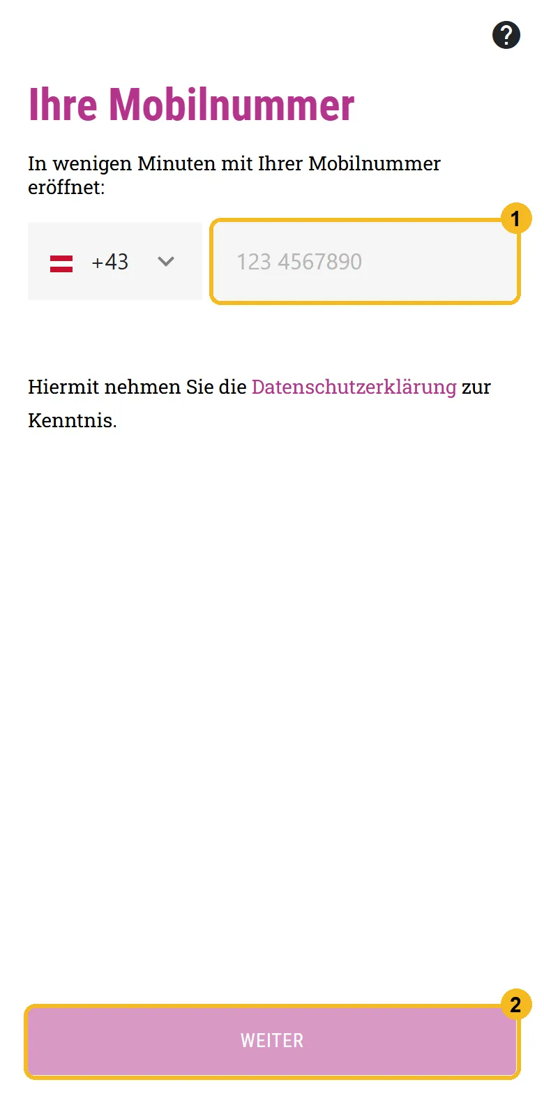 DADAT Eröffnung am Handy: Eingabe der Mobilnummer und Knopf Weiter