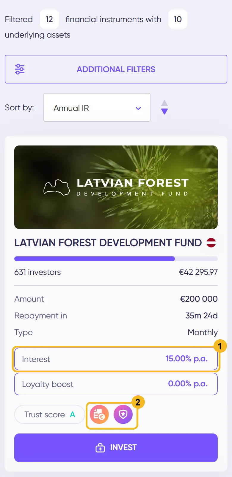 Investitionsverzeichnis von Debitum am Handy: Karte einer Note des Latvian Forest Development Fund mit 15 Prozent Zins, Zinszeile und die Symbole für Notes und Buyback Obligation markiert