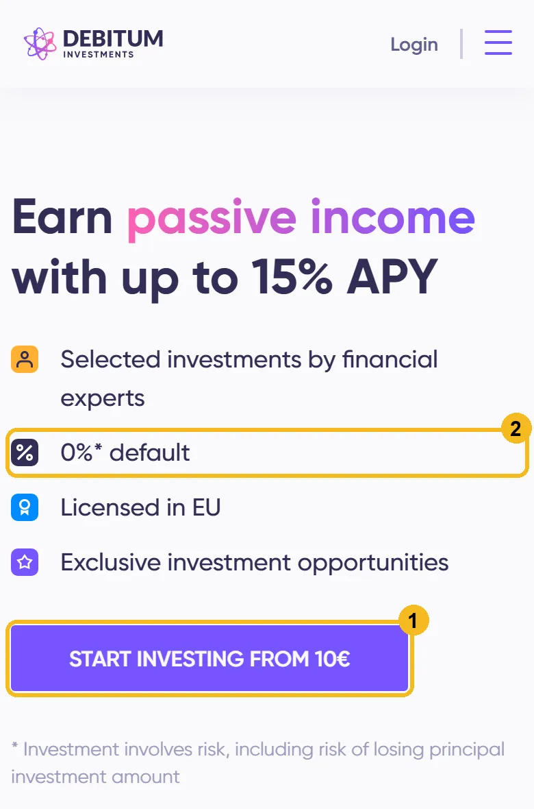 Startseite von Debitum am Handy mit markiertem Knopf Start investing from 10 Euro und markierter Angabe 0 Prozent default