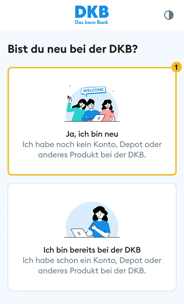 DKB Antrag am Handy: Auswahl Ja, ich bin neu