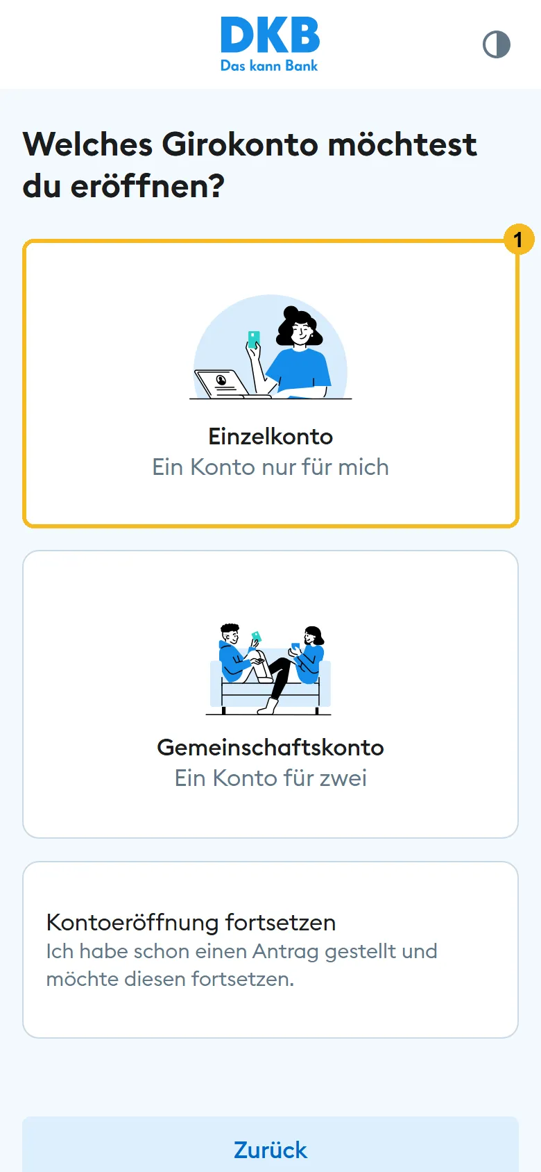DKB Antrag am Handy: Auswahl Einzelkonto