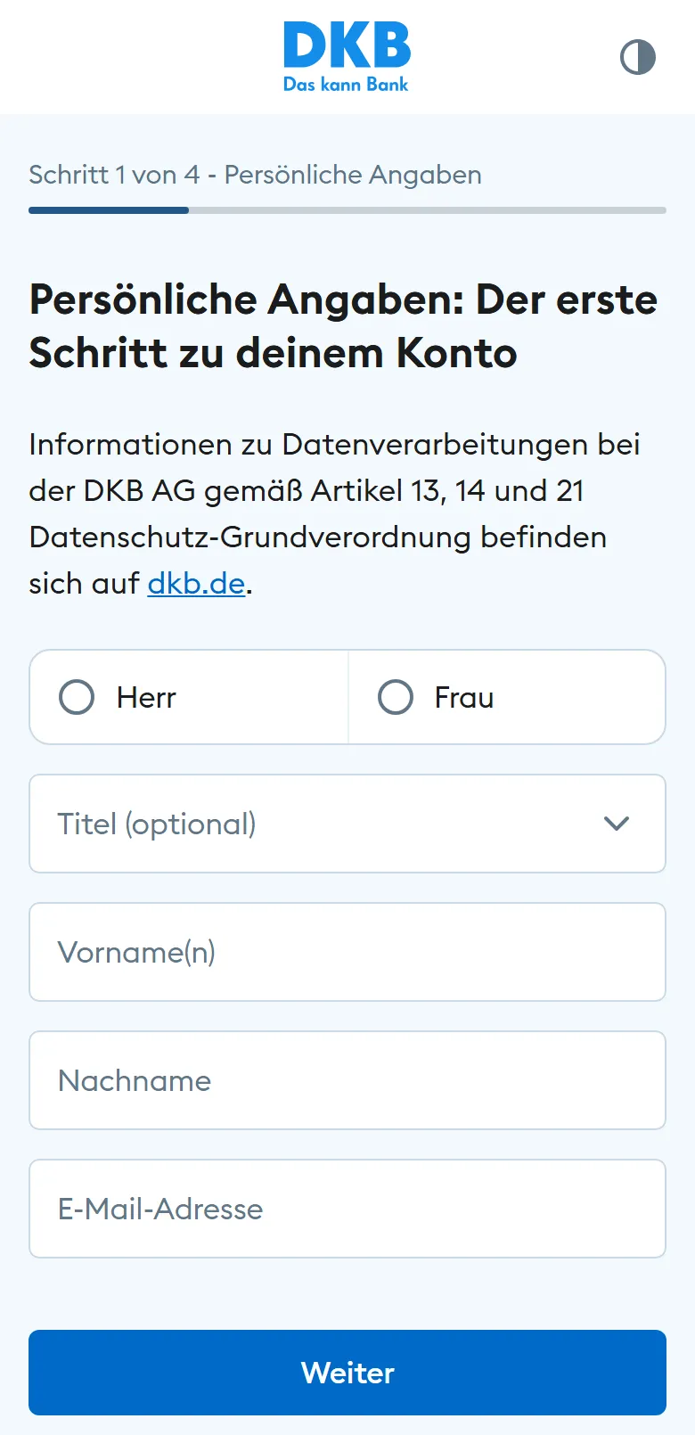 DKB Antrag am Handy: Schritt 1 von 4, Persönliche Angaben