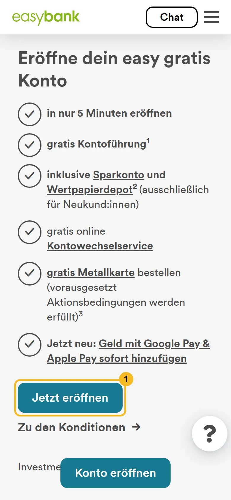 easybank easy gratis am Handy: Knopf Jetzt eröffnen