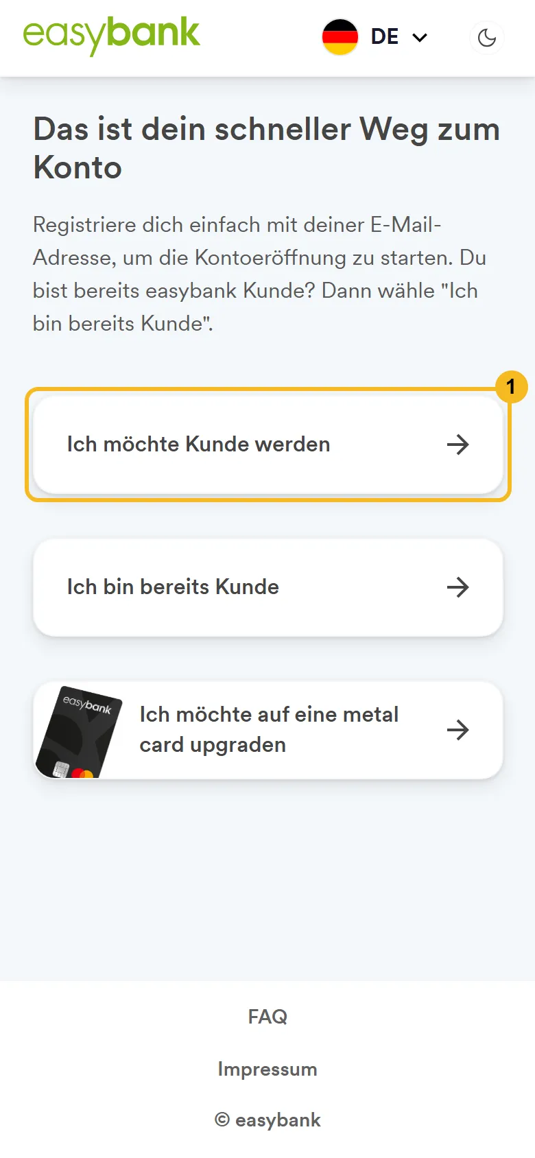 easybank Antrag am Handy: Auswahl Ich möchte Kunde werden