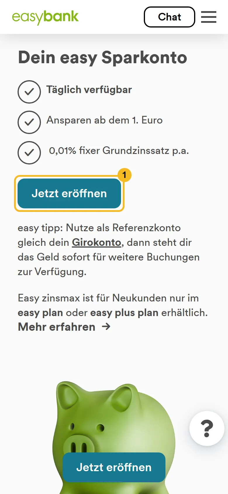 easybank easy zinsmax am Handy: Knopf Jetzt eröffnen