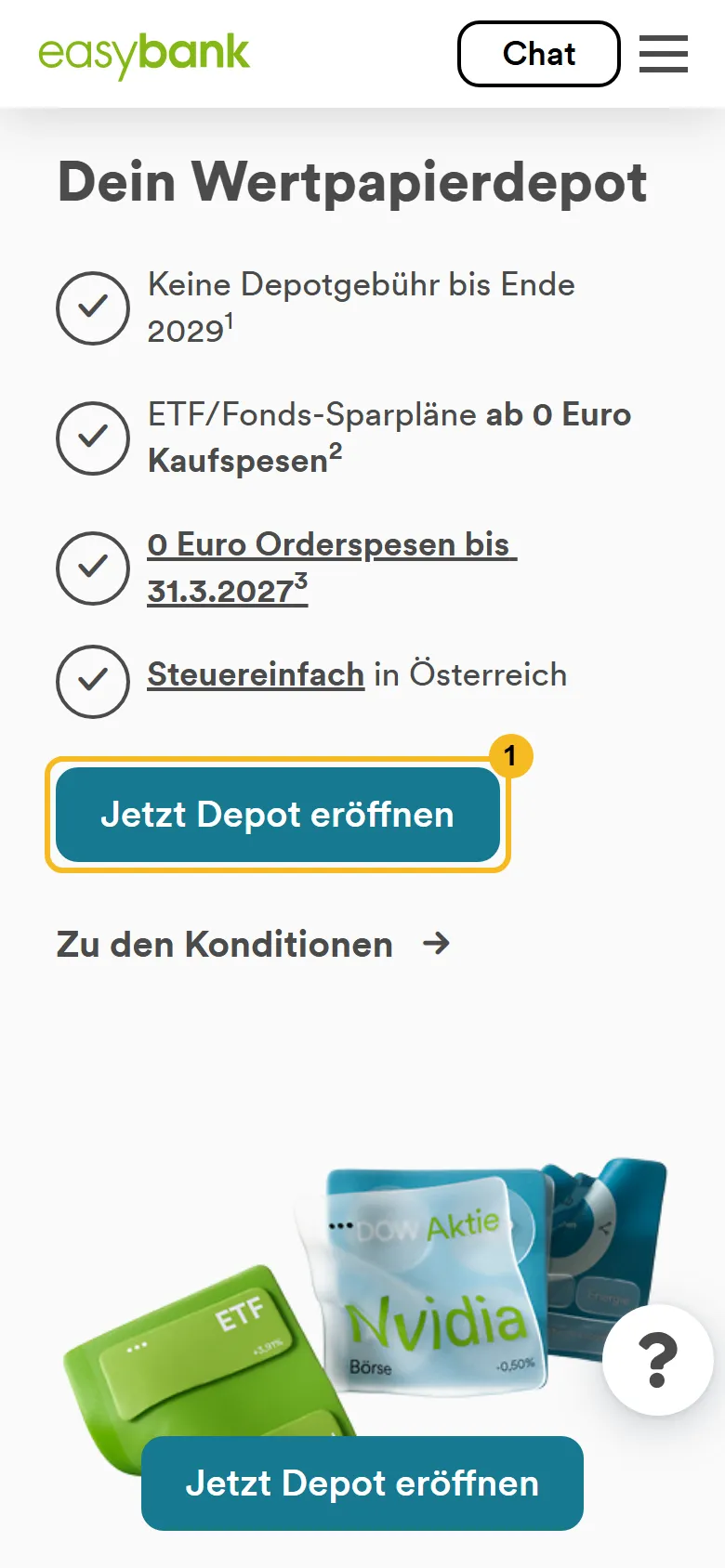 easybank Wertpapierdepot am Handy: Knopf Jetzt Depot eröffnen