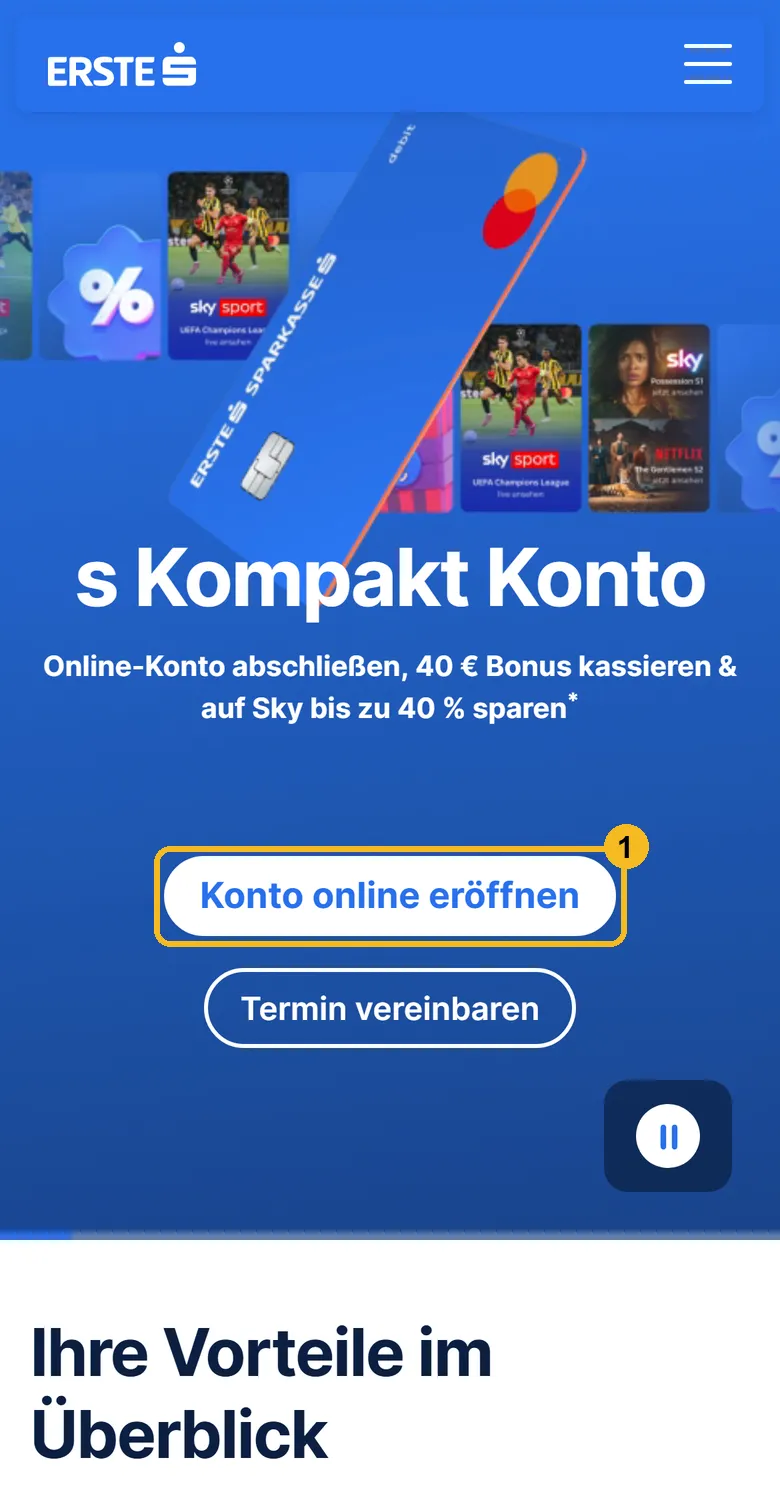 Erste Bank s Kompakt Konto am Handy: Knopf Konto online eröffnen