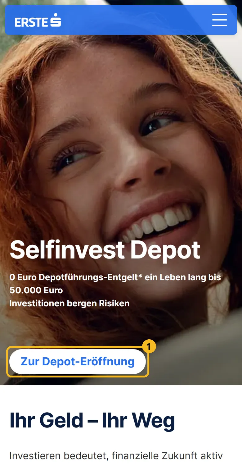 Erste Bank Selfinvest Depot am Handy: Knopf Zur Depot-Eröffnung