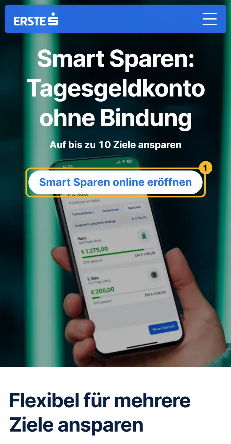 Erste Bank Smart Sparen am Handy: Knopf Smart Sparen online eröffnen