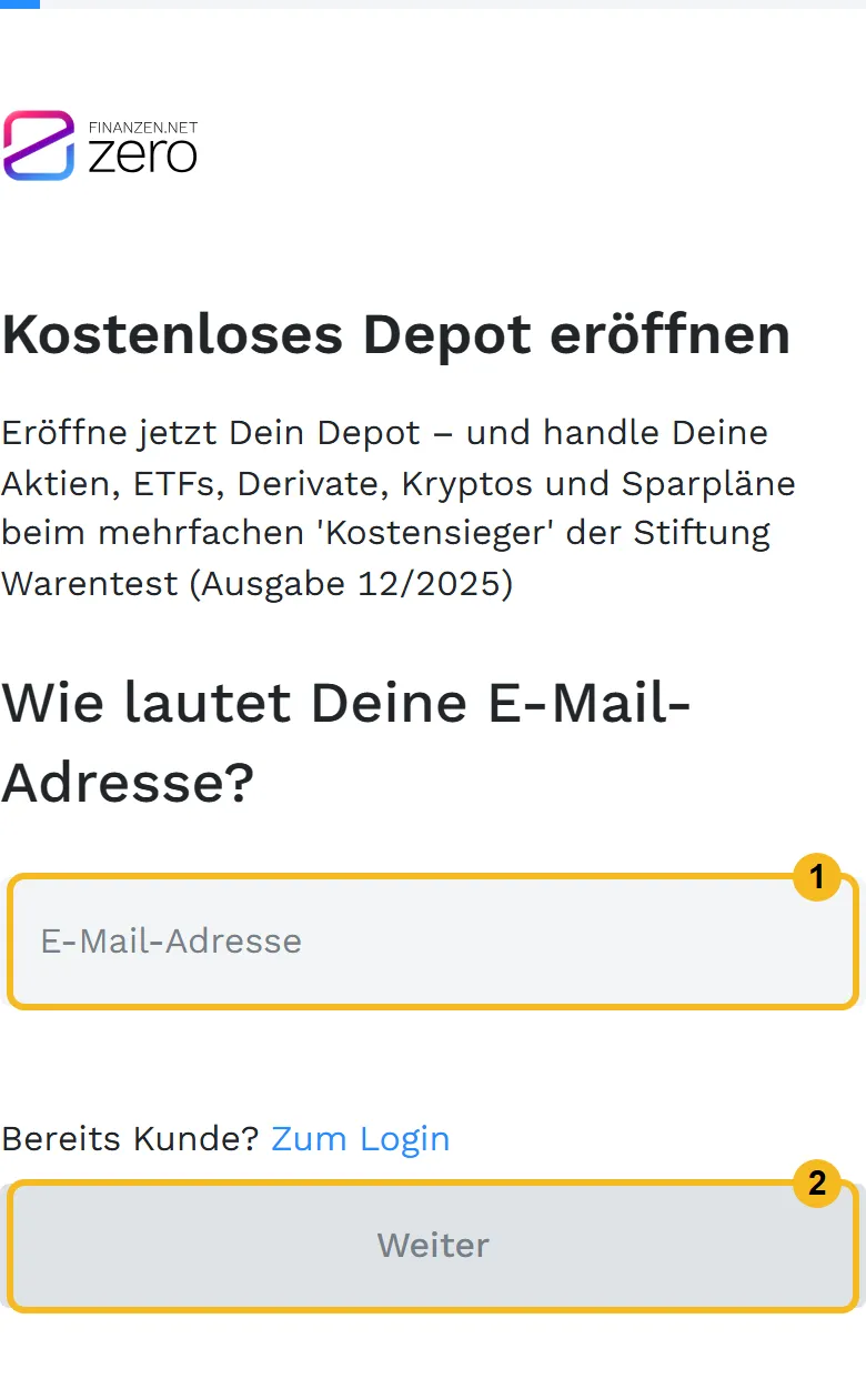 finanzen.net ZERO am Handy: Kostenloses Depot eröffnen, Eingabe der E-Mail-Adresse