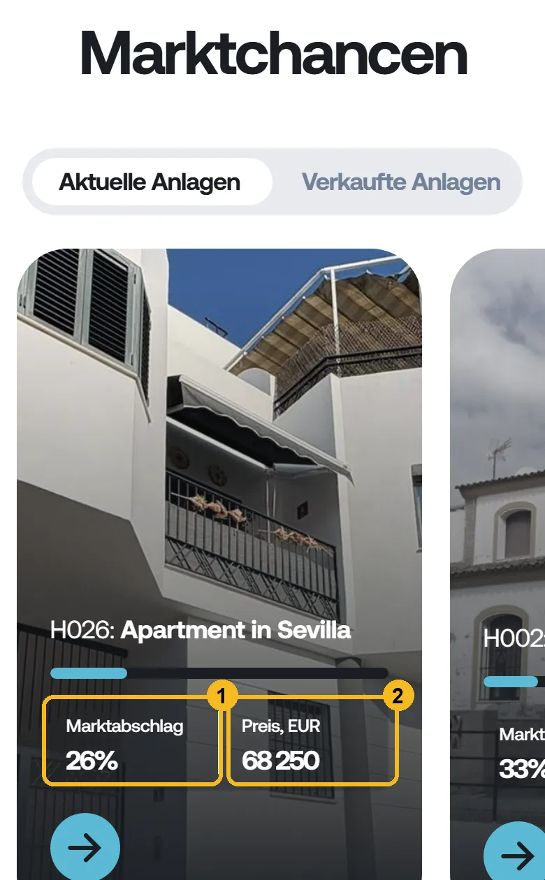 Liste der aktuellen Anlagen auf der Startseite von Indemo am Handy, Karte H026 Apartment in Sevilla mit markiertem Marktabschlag und Preis