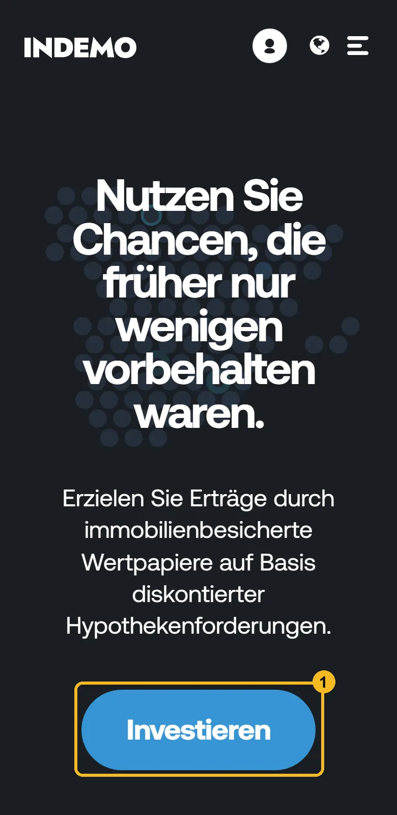 Startseite von Indemo am Handy mit markiertem Knopf Investieren