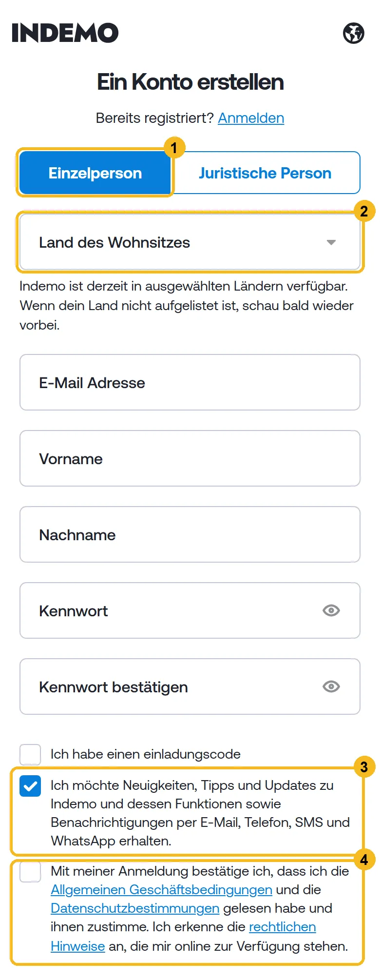 Registrierungsformular von Indemo am Handy: Einzelperson, Land des Wohnsitzes, das vorausgewählte Häkchen für Werbung und das Häkchen für die Geschäftsbedingungen markiert