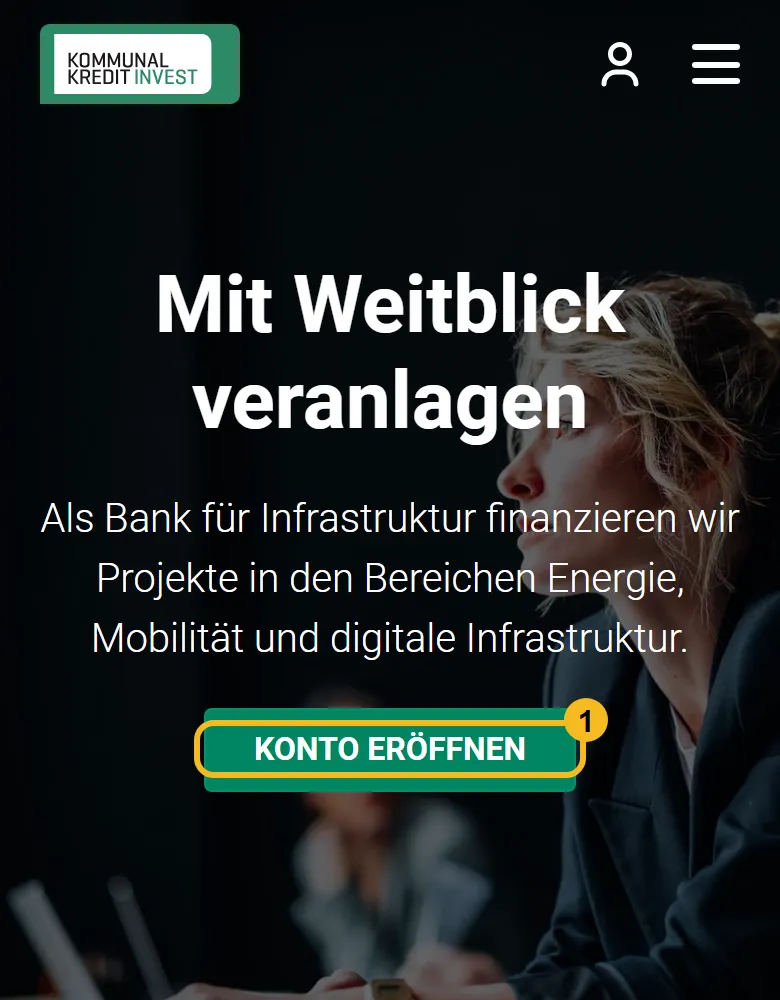 Kommunalkredit Invest Startseite am Handy: Knopf Konto eröffnen