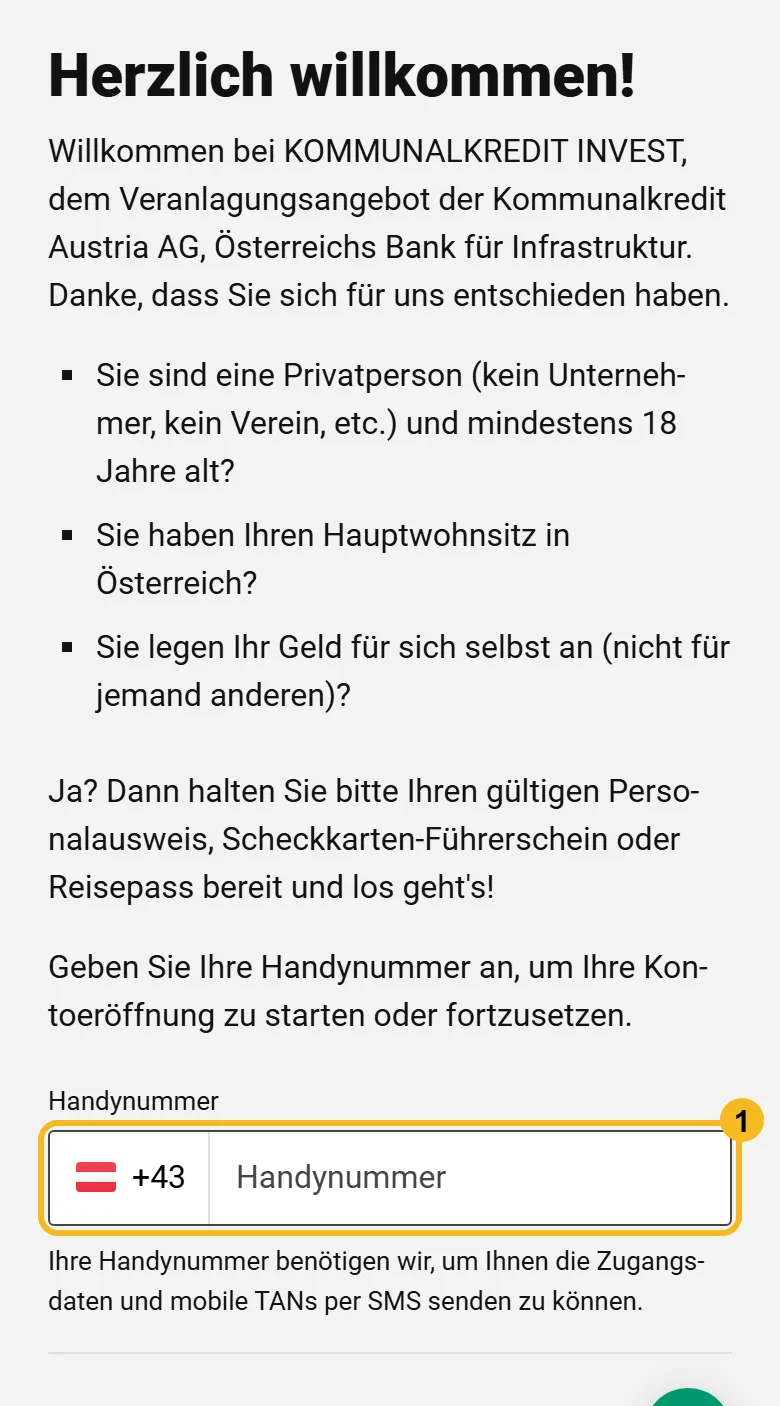 Kommunalkredit Invest Antragsstart am Handy: drei Voraussetzungen und Feld für die Handynummer