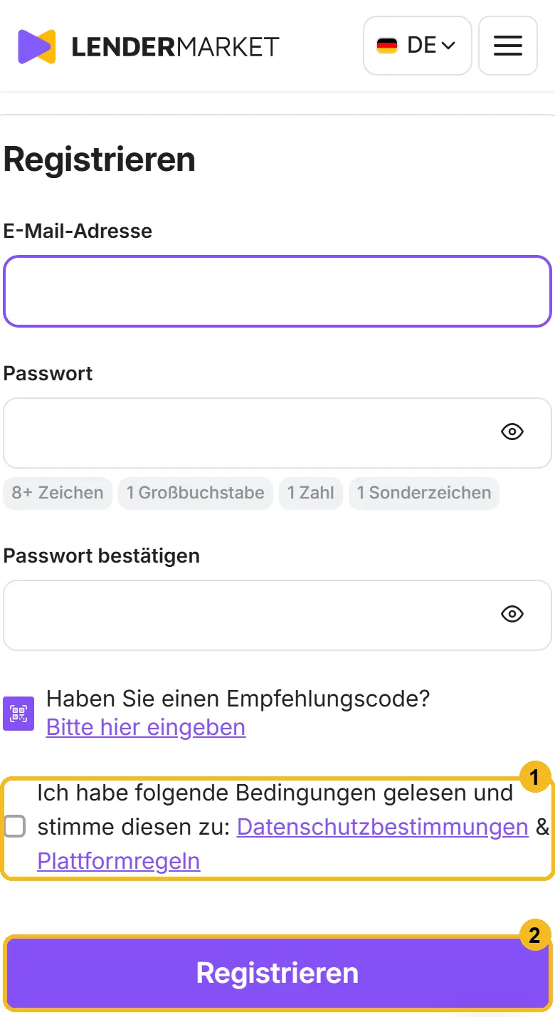 Registrierungsformular von Lendermarket am Handy