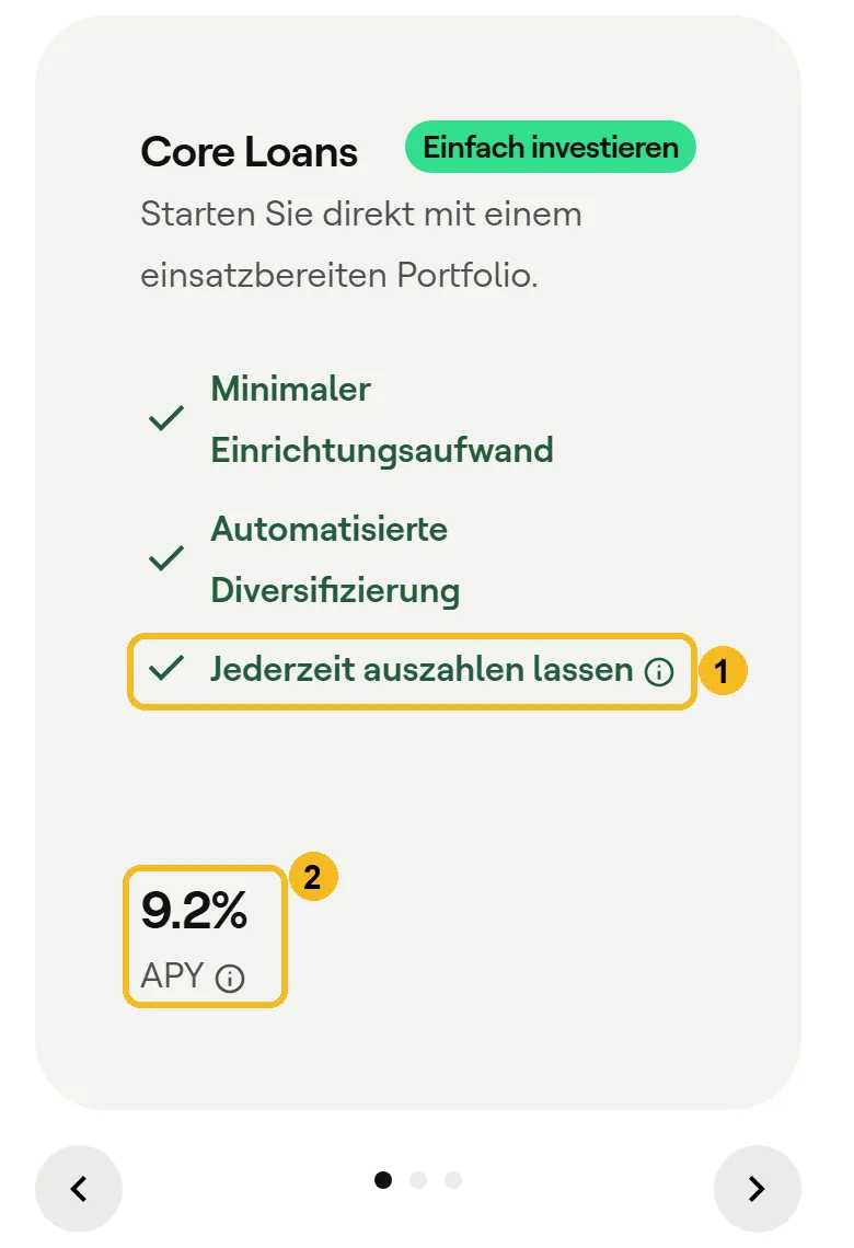 Core-Loans-Karte auf der Mintos-Startseite am Handy