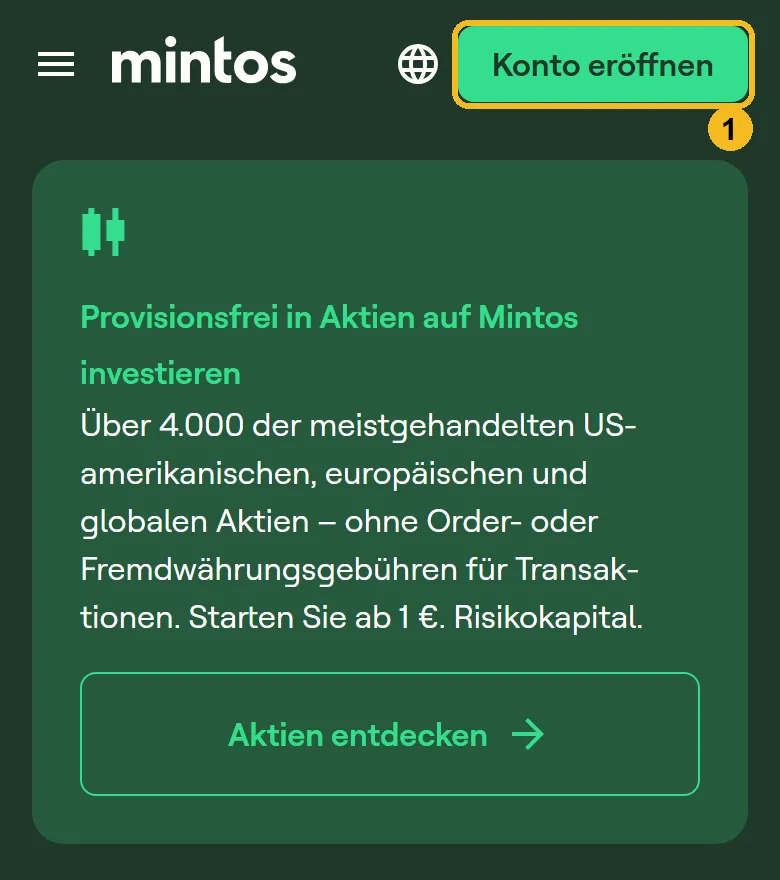 Startseite von Mintos am Handy mit markiertem Knopf Konto eröffnen