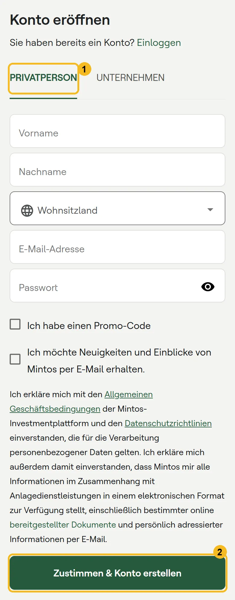 Registrierungsformular von Mintos am Handy