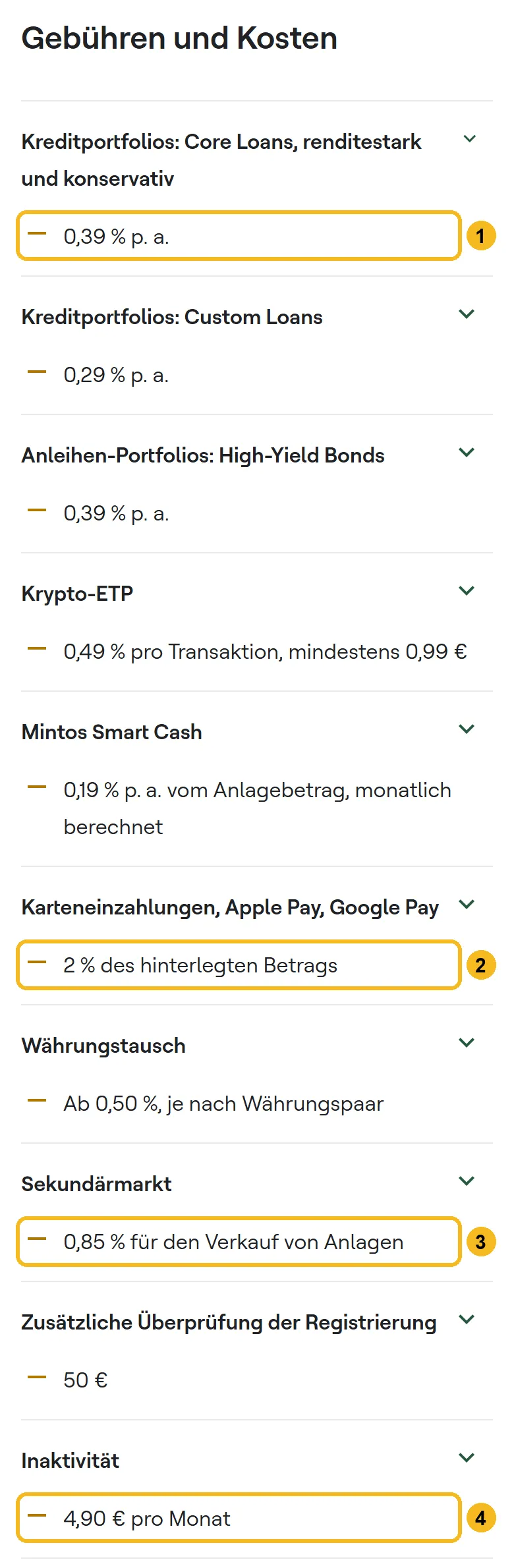 Gebührenliste von Mintos am Handy mit markierten Gebühren