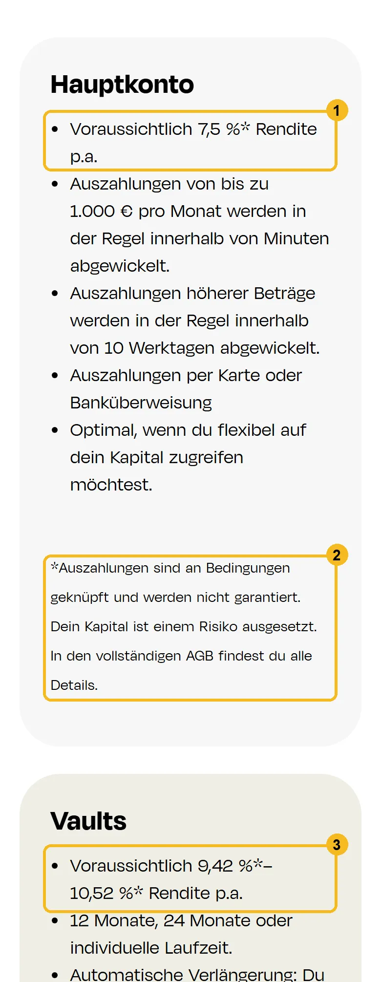Hauptkonto und Vaults auf der Monefit-Seite am Handy mit markierten Renditen