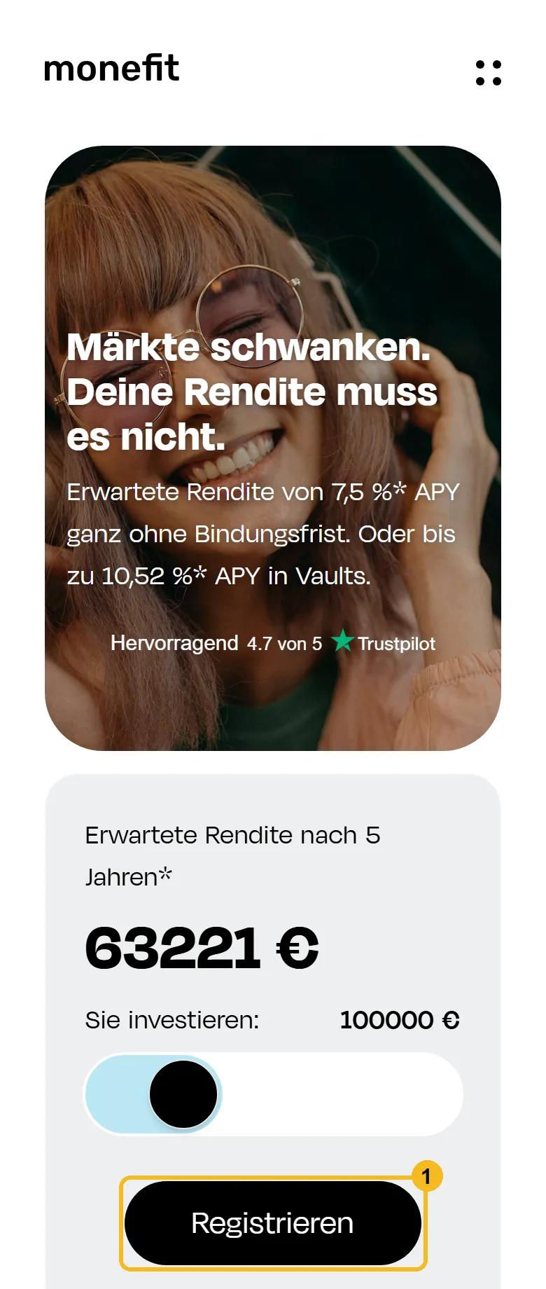 Startseite von Monefit SmartSaver am Handy mit markiertem Knopf Registrieren