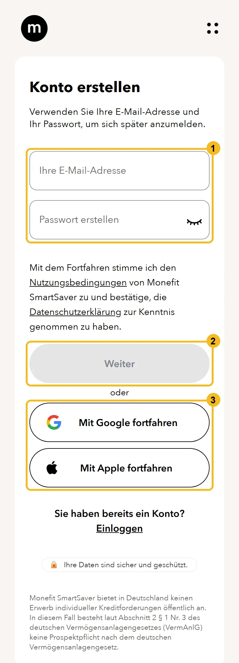 Registrierungsformular von Monefit SmartSaver am Handy
