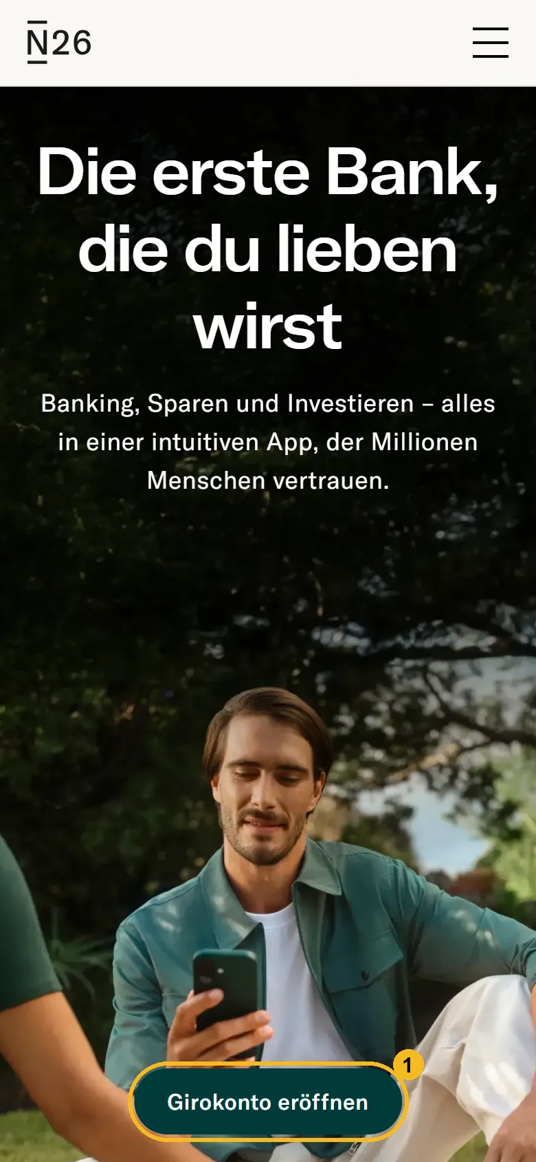 N26 Startseite am Handy: Knopf Girokonto eröffnen