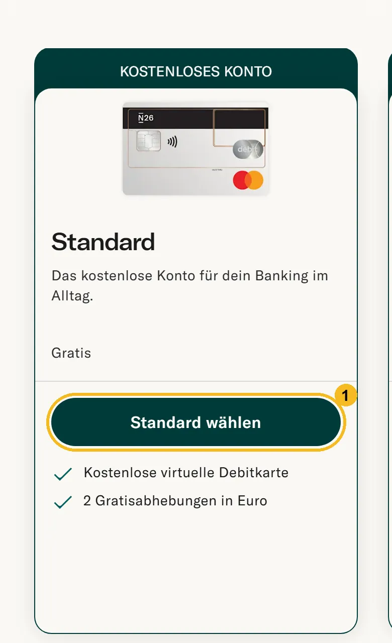 N26 Kontenvergleich am Handy: Standard-Konto mit Knopf Standard wählen