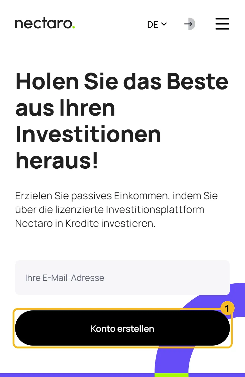 Startseite von Nectaro am Handy mit markiertem Knopf Konto erstellen