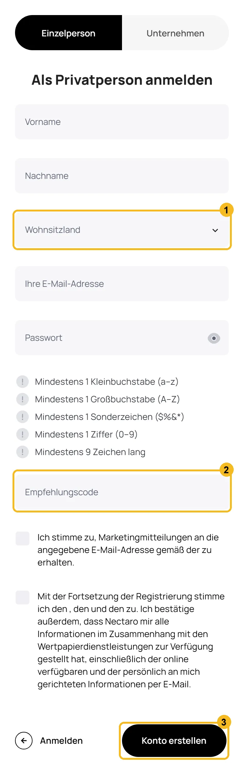 Registrierungsformular von Nectaro am Handy