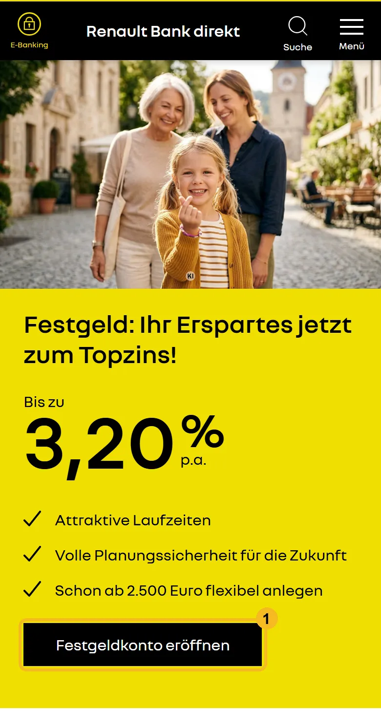 Renault Bank direkt Festgeld-Seite am Handy: Knopf Festgeldkonto eröffnen