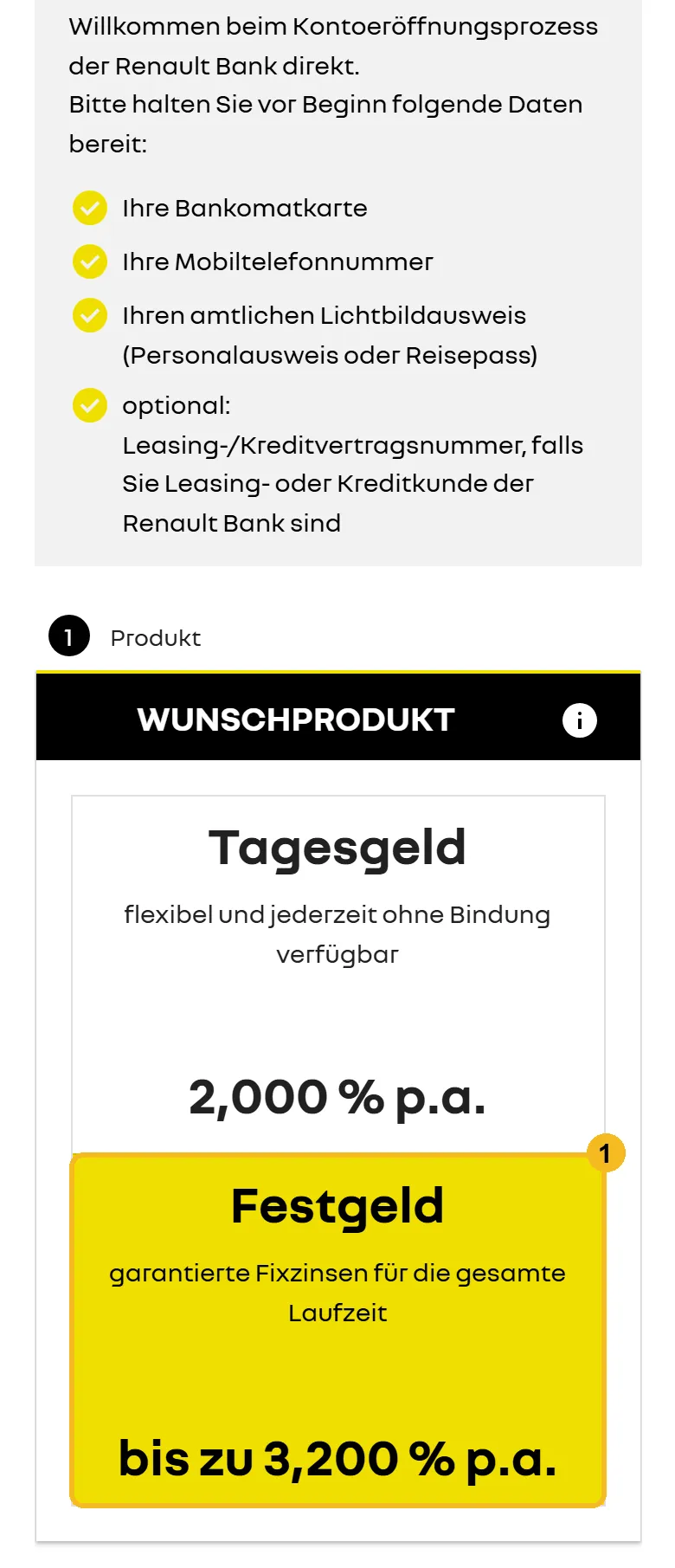 Renault Bank direkt Antrag am Handy: Auswahl zwischen Tagesgeld und Festgeld