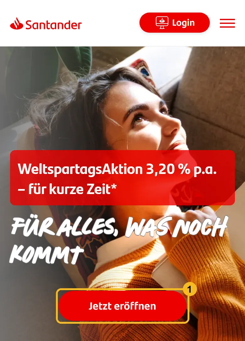 Santander BestFlex am Handy: Neukundenaktion 3,20 % und Knopf Jetzt eröffnen