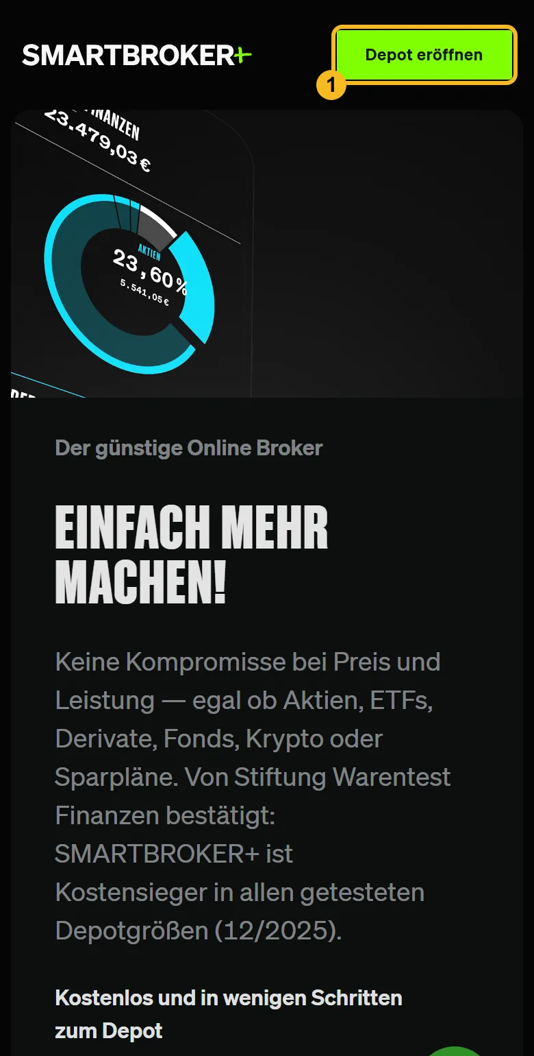 Smartbroker+ Startseite am Handy mit dem Knopf Depot eröffnen