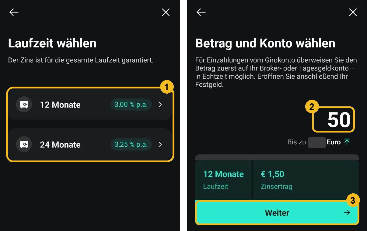 Scalable Capital App: Festgeld-Laufzeit wählen und Betrag eingeben