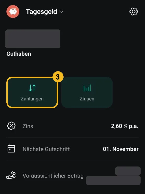 Scalable Capital App: Tagesgeld-Screen mit Zinssatz und nächster Gutschrift